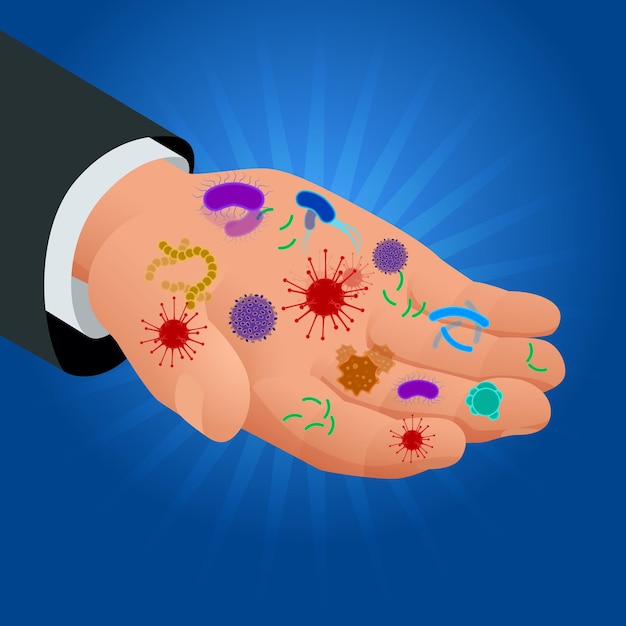 Vector isometric micro-organisms disease-causing objects, different types, bacteria, viruses, fungi, protozoa on dirty hand. vector illustration