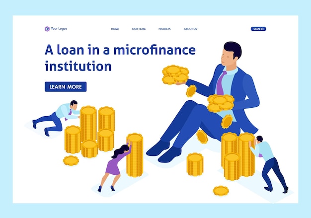 Organizzazione di microfinanza isometrica, grande uomo d'affari che tiene molti soldi. pagina di destinazione del modello di sito web.