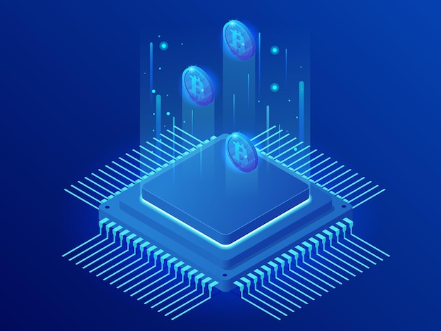 Minerario isometrico bitcoin farm. criptovaluta, blockchain, concetto di mining di bitcoin. elaborazione di grandi dati, illustrazione vettoriale del rack della sala server.