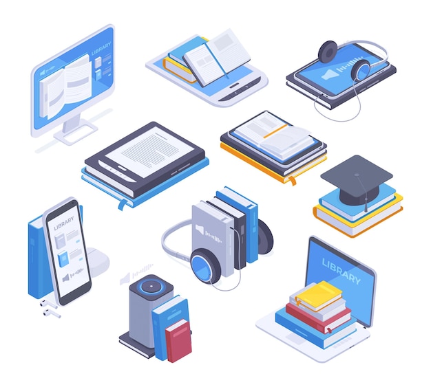 Isometric mobile bookstore online library educational literature concept vector illustration set