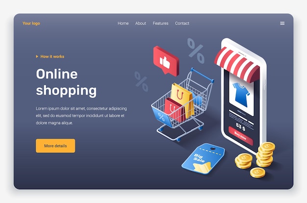 Isometric mobile device online shopping cart with bags and coins Landing page template