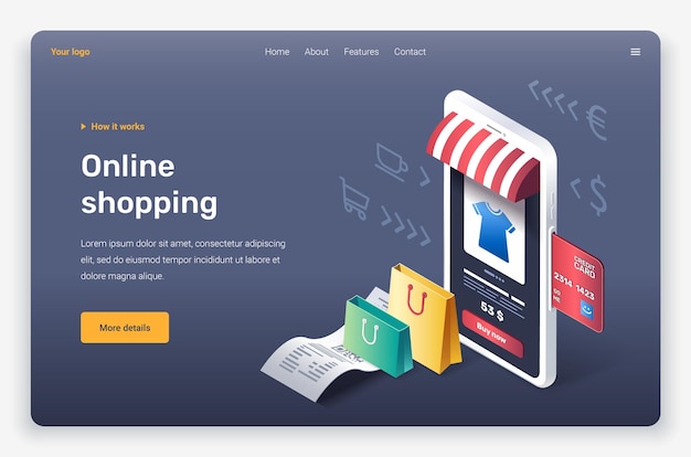 Vettore dispositivo mobile isometrico, negozio, borse, assegno, fattura, carta di credito, tenda. modello di pagina di destinazione.