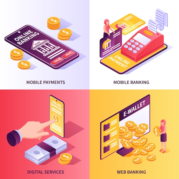 Vector isometric mobile and digital banking services collection