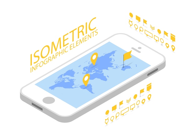 Vettore concetto di navigazione gps mobile isometrico, smartphone con applicazione della mappa del mondo e puntatore pin marcatore