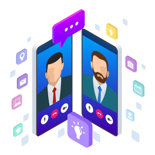 Isometric mobile messenger chat, online conversation with texting message. Vector illustration.