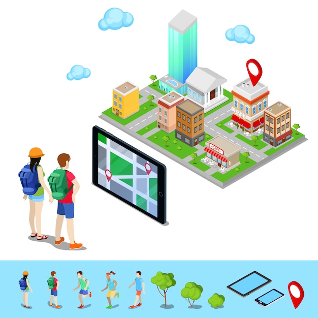 Vector isometric mobile navigation. tourists searching route in the city. vector illustration