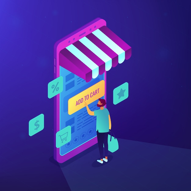 Isometric mobile shopping illustration.