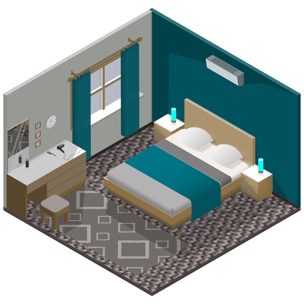 Isometric modern bedroom with detailed furniture