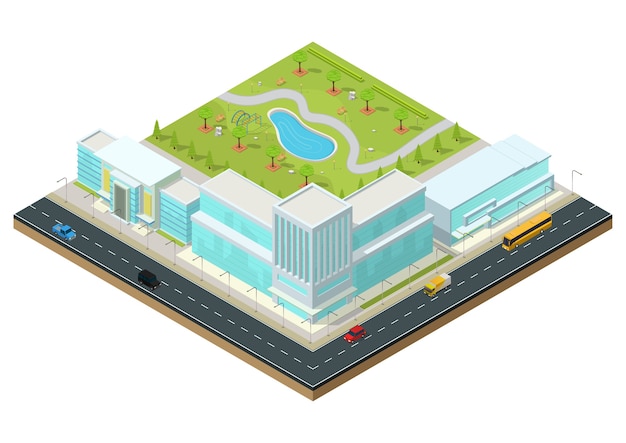 Isometric modern business center with park, highway, and cars. Commercial office building isolated  illustration.