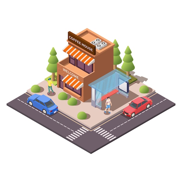 Isometric modern city composition with building of coffee house illustration