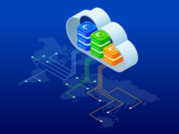 Vector isometric modern cloud technology and networking concept web cloud technology business internet data services vector illustration