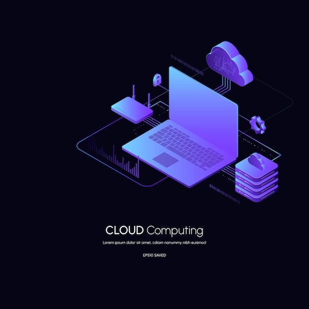 Tecnologia cloud moderna isometrica e tecnologia cloud web di concetto di rete