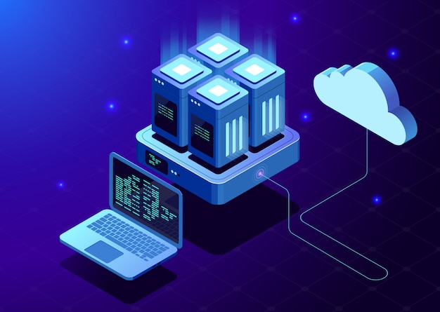 Isometric modern cloud technology and networking concept.