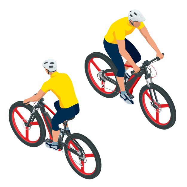 Isometric Modern Electric Bicycle icons A man riding an electric bicycle Ebike Urban eco transport design concept