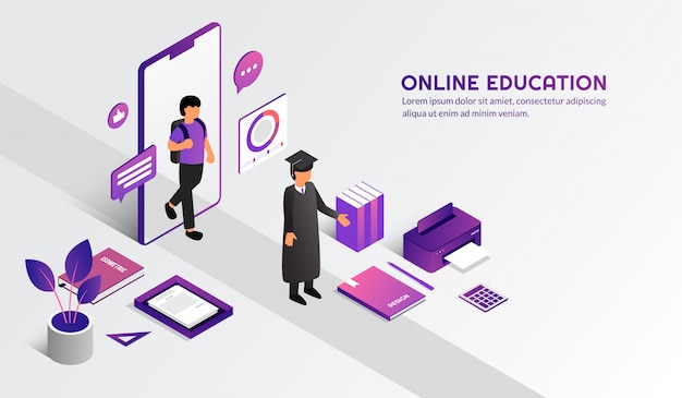 Isometric modern online education concept, Learn form home by e-learning course