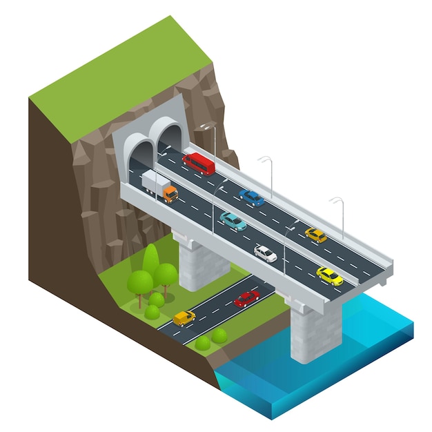 山の等尺性の現代道路トンネル。トンネルベクトル孤立イラストと高速道路。