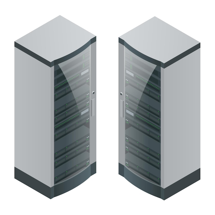 Vector isometric modern web network and internet telecommunication technology, big data storage and cloud computing computer service. vector