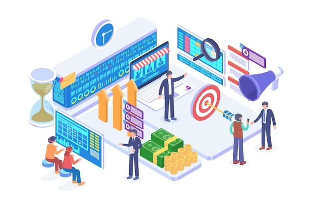 Isometric momentary markets vector concept