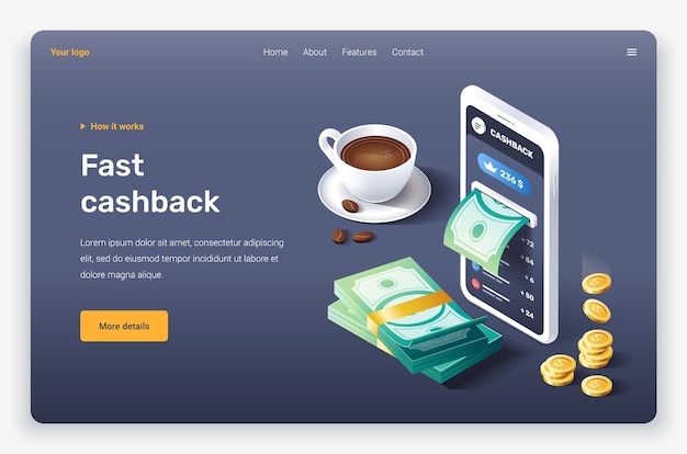 Isometric money coins and a cup of coffee landing page template