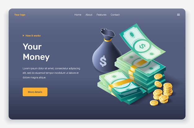 Isometric money and coins Landing page template