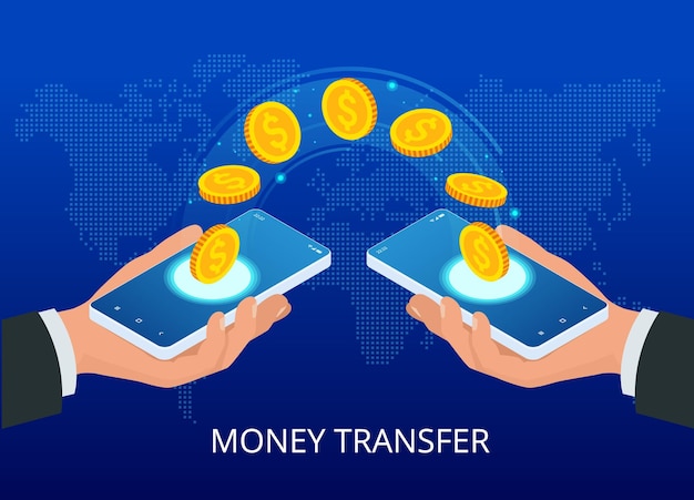 Trasferimento di denaro isometrico online portafoglio di denaro e trasferimento di risparmi finanziari o concetto di transazione a pagamento