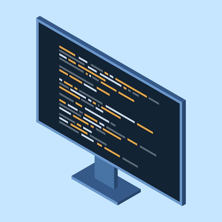 Vector isometric monitor software programming coding concept code on computer monitor isometric technology vector illustration