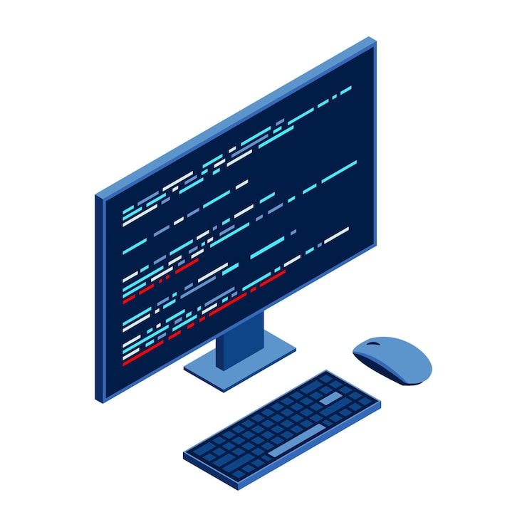 Vector isometric monitor with program code on screen computer programming with keyboard and mouse programming concept web development isometric technology