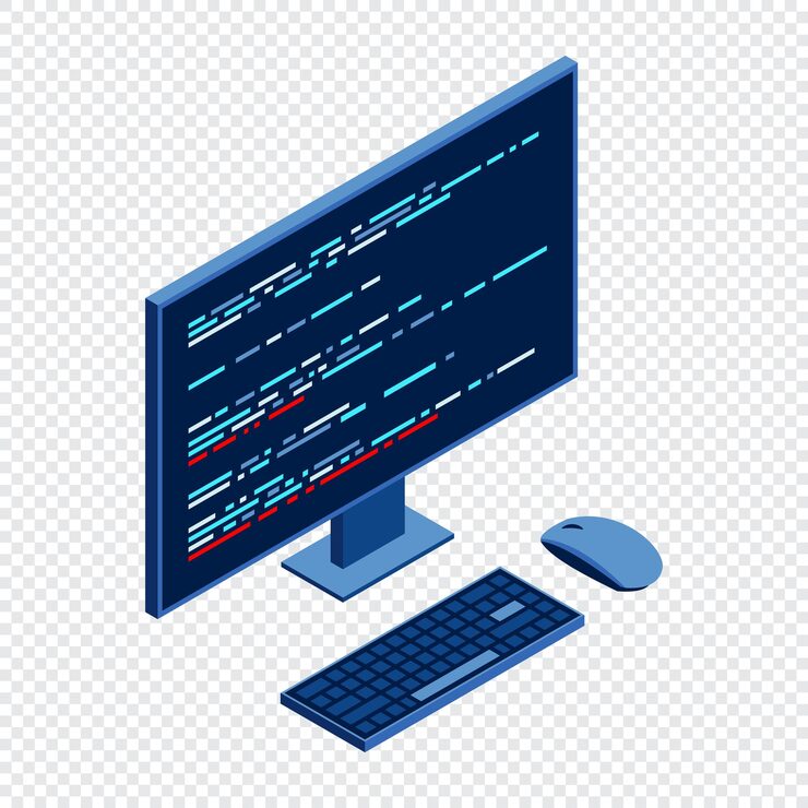 Vector isometric monitor with program code on screen computer programming with keyboard and mouse programming concept web development isometric technology