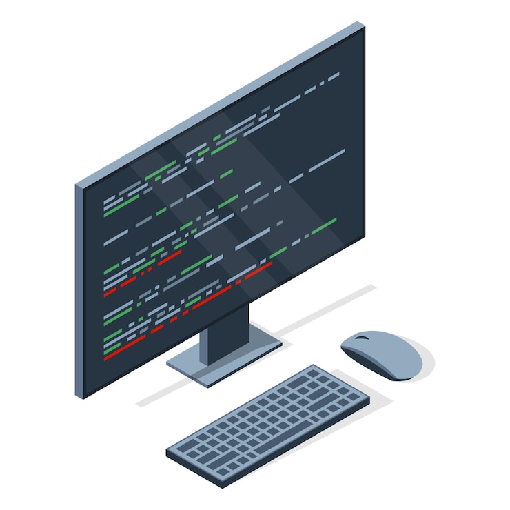 Vector isometric monitor with program code on screen computer programming with keyboard and mouse programming concept web development