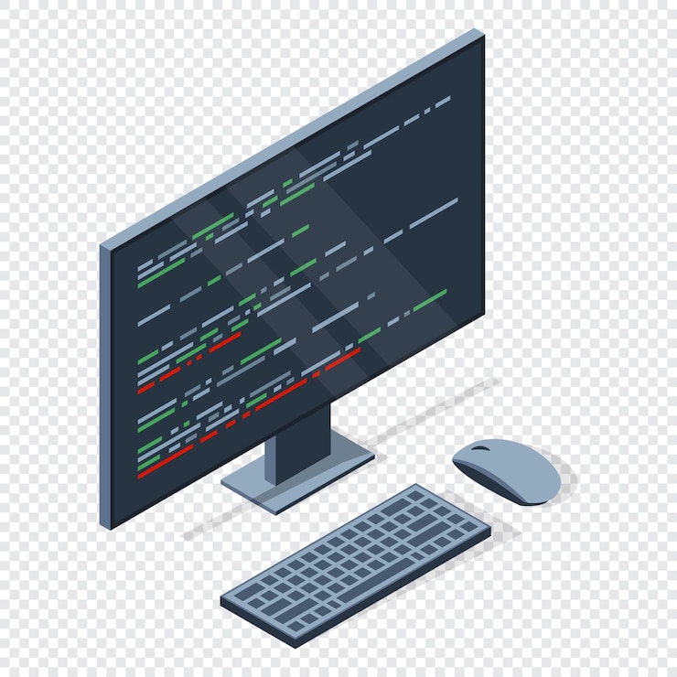 Vector isometric monitor with program code on screen computer programming with keyboard and mouse programming concept web development