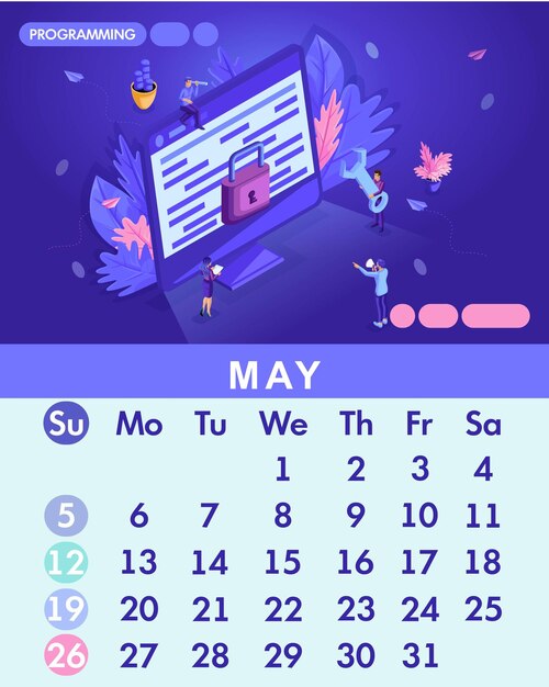 Вектор Изометрический месяц май из установленного календаря 2019 года. люди работают с монитором, концепция защиты компьютерных данных для веб-страницы, программирование, разработка приложений.