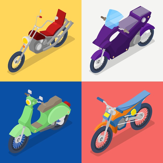 Isometric motorcycle set with mountaine bike and scooter