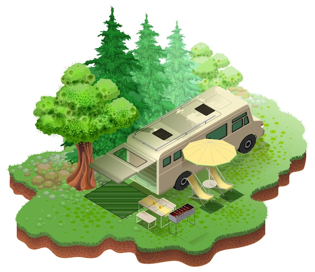 Vector isometric motorhome camping summer vacation in woods picnic