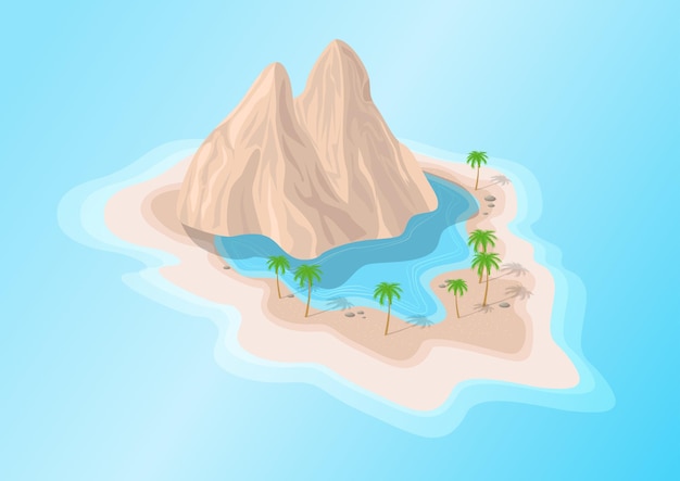 Isometric mount island with lake and palm trees