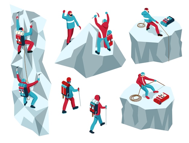 Set di alpinismo isometrico di icone isolate e personaggi di scalatori su montagne di scogliere di ghiaccio con strumenti di illustrazione vettoriale