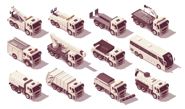 Isometric municipal utility trucks set. Vector illustration. Collection