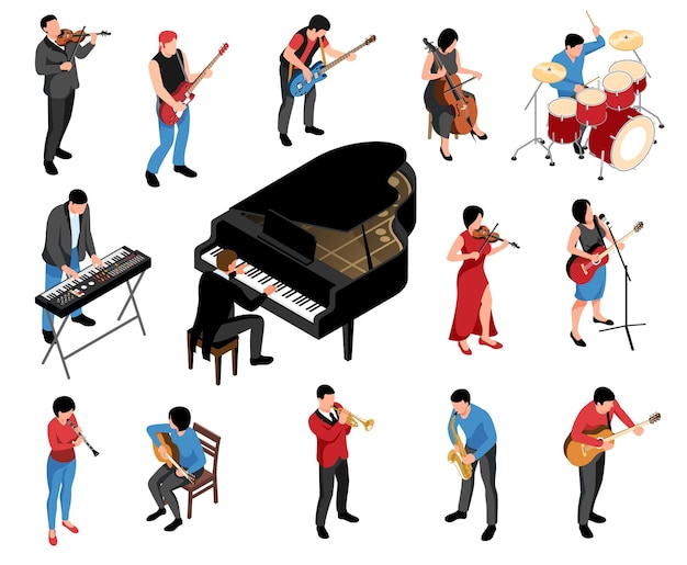 Vector isometric musicians icons set with people playing musical instruments and singing isolated vector illustration