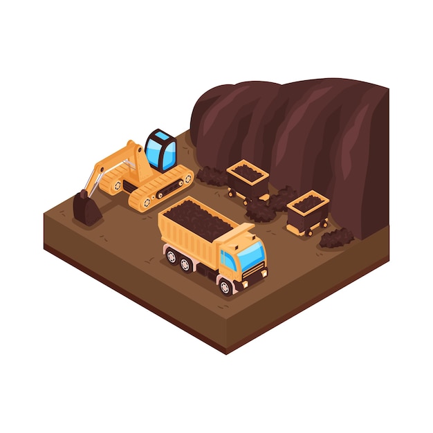 Vector isometric natural environmental land resources composition with view of open pit with truck and excavator vector illustration