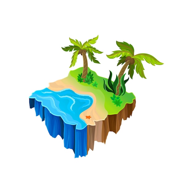 Isometric nature landscape with water sandy shore palm trees and green grass colorful floating island vector design for mobile game