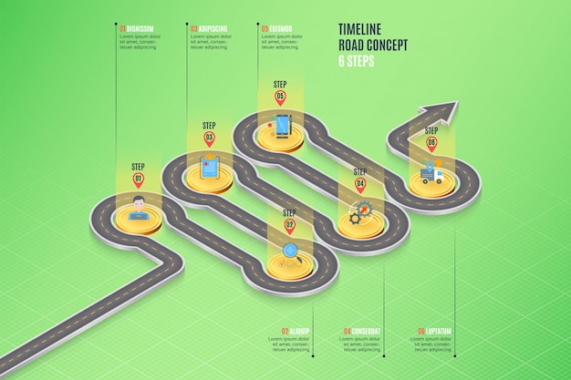 Mappa di navigazione isometrica infografica 6 passaggi concetto cronologia