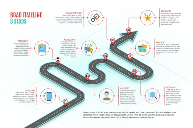 Vector isometric navigation map infographic 8 steps timeline concept winding road vector illustration