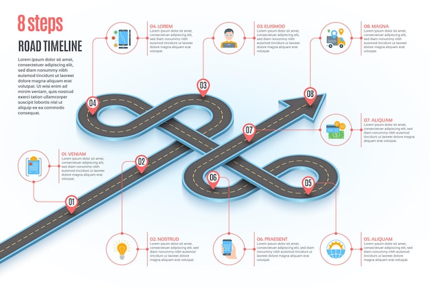 Vector isometric navigation map infographic 8 steps timeline concept winding road vector illustration