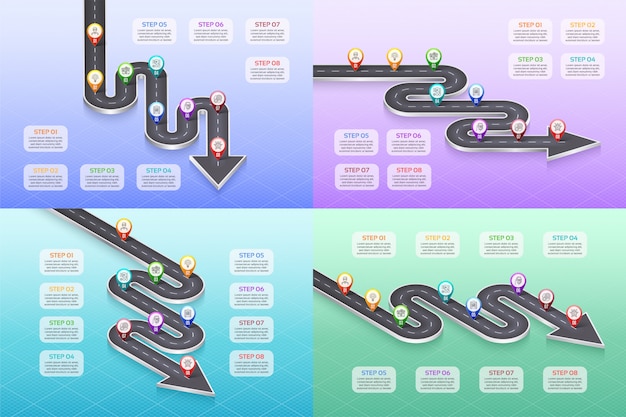 Isometric navigation map infographic 8 steps timeline concept.