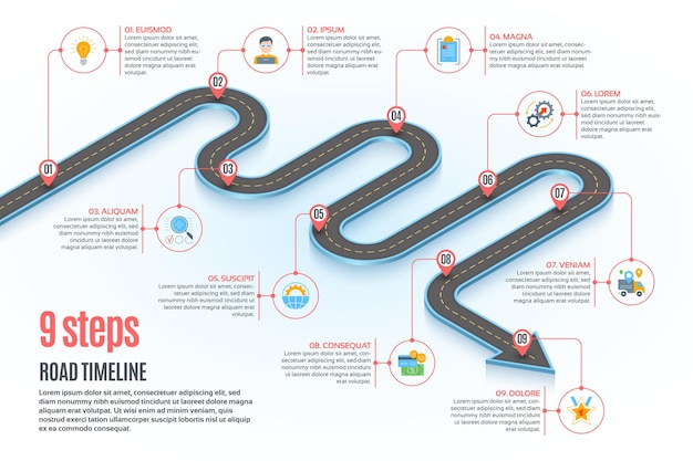 Isometric navigation map infographic 9 steps timeline concept winding road