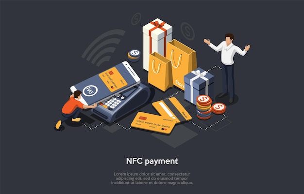 아이소 메트릭 Nfc 결제 개념. 온라인, 모바일 및 현금없는 개념. 고객이 스마트 폰, Nfc 기술, 은행 신용 카드 및 구매로 상품을 결제하고 있습니다.