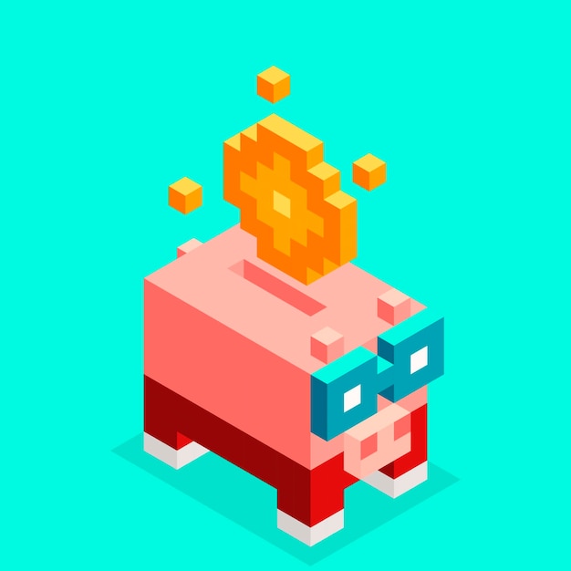 Isometric nft style piggy bank with blue galsses illustration