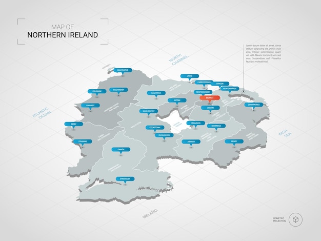 Vector isometric  northern ireland  map. stylized  map illustration with cities, borders, capital, administrative divisions and pointer marks; gradient background with grid.