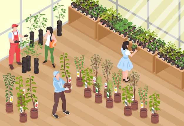 植物のベクトル図を購入する人々 と等尺性保育園の庭のコンセプト