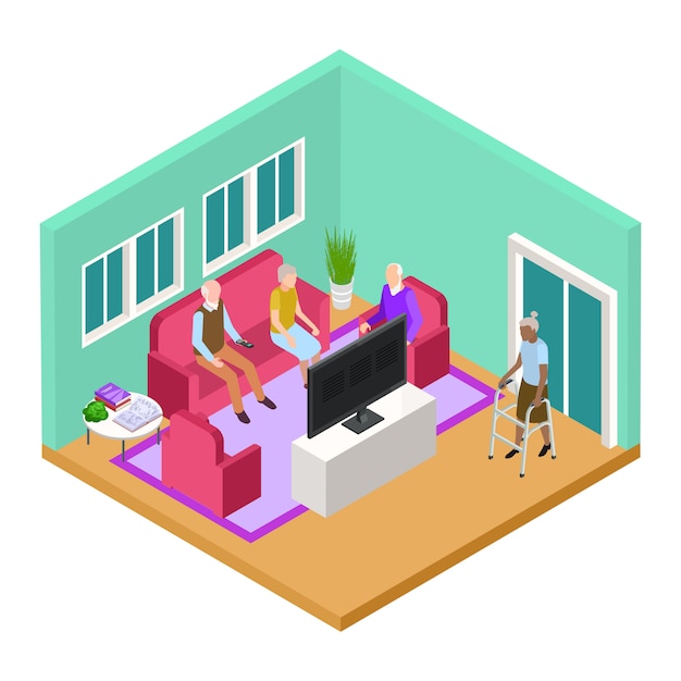 Vector isometric nursing home living room interior with old people vector concept