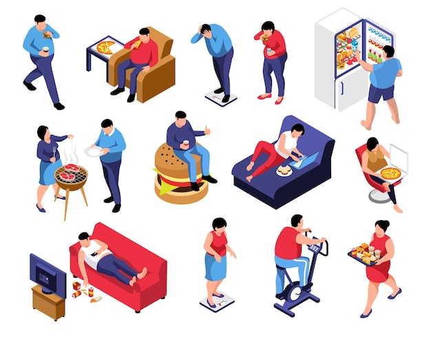 Isometric obesity unhealthy diet lifestyle set of isolated icons with characters of people eating junk food vector illustration